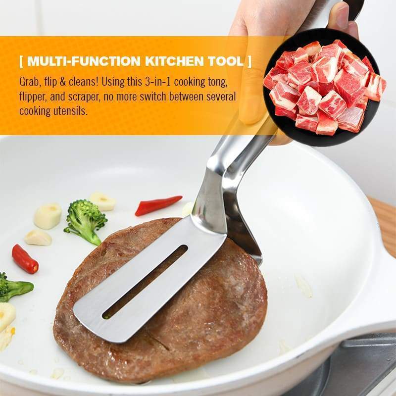 3-in-1 cooking clamp – grab, flip, scrape, and drain oil easily!